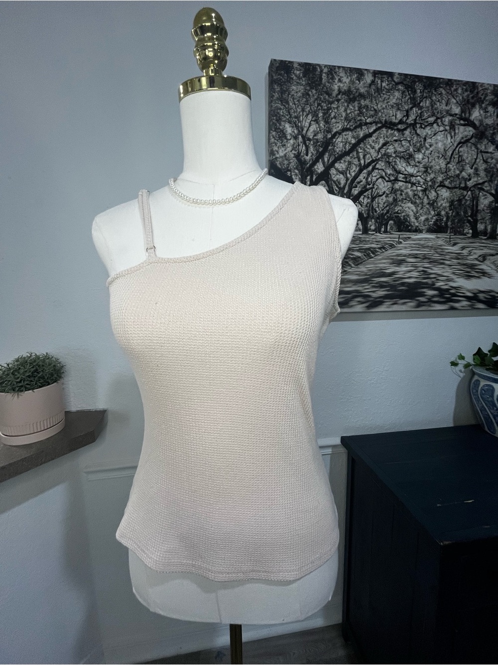 Asymmetrical One-Shoulder beige waffle  Knit Tank Top Medium